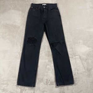 Re/Done Womens Jeans Loose High Rise Straight Distressed Denim Button Fly 28 Blk